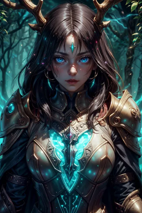 a woman with horns and a glowing blue eye standing in a forest