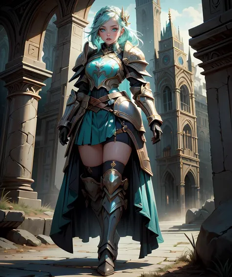 (masterpiece, best quality, HDR:1.2), 1 large girl, fantastic background, hair ornament, <lora:mithril-style-warrior-darquelilly-v1:0.65> mithrilstylewarrior, shoulder armor, breastplate, aqua hair, aqua eyes, gem, pleated skirt, braid, knight, high heel b...