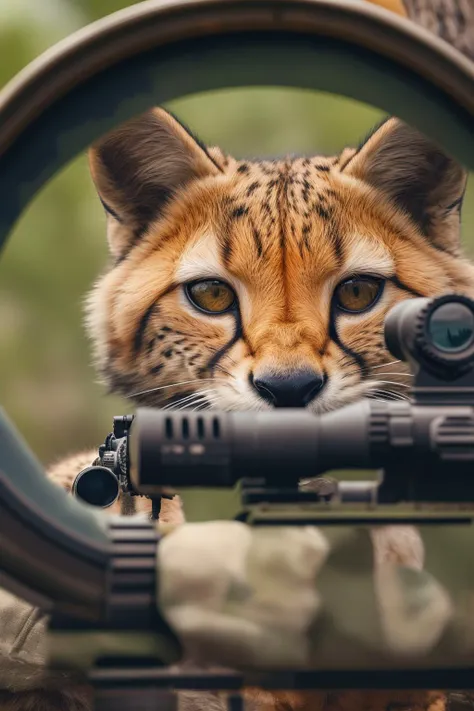 a close up of a cat looking through a scope with a rifle