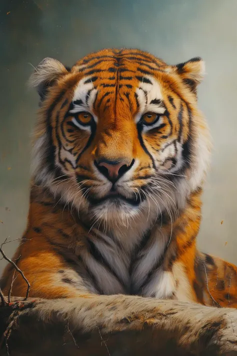 painting of a tiger resting on a rock with a blurry background