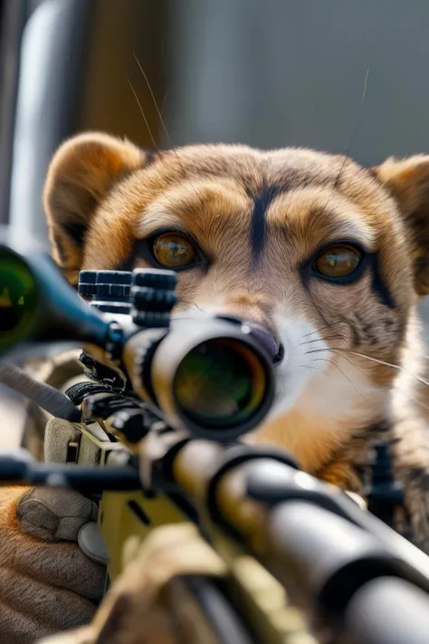 a close up of a dog with a rifle and a gun