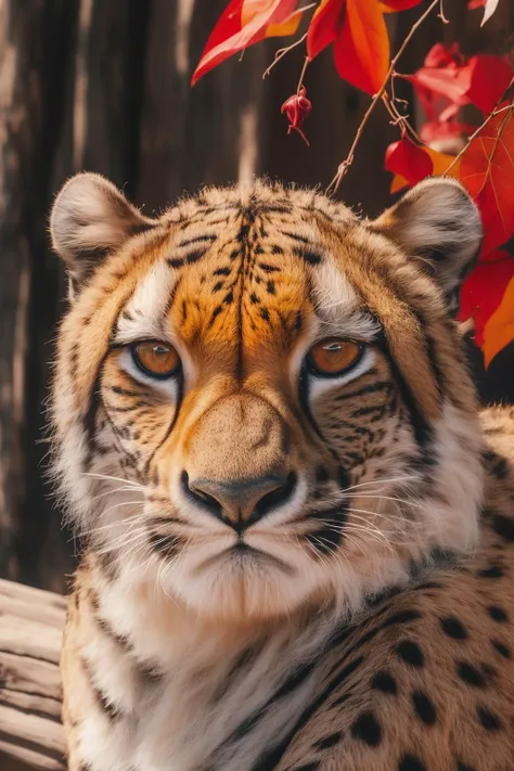 a close up of a cheetah laying on a wooden bench