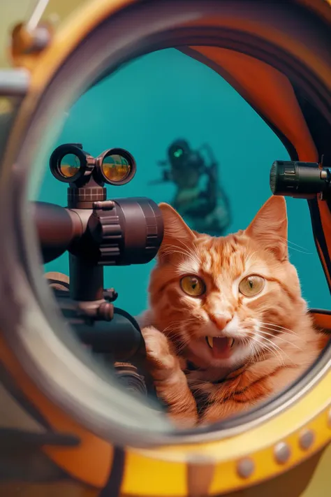 there is a cat that is looking through a telescope at a scuba