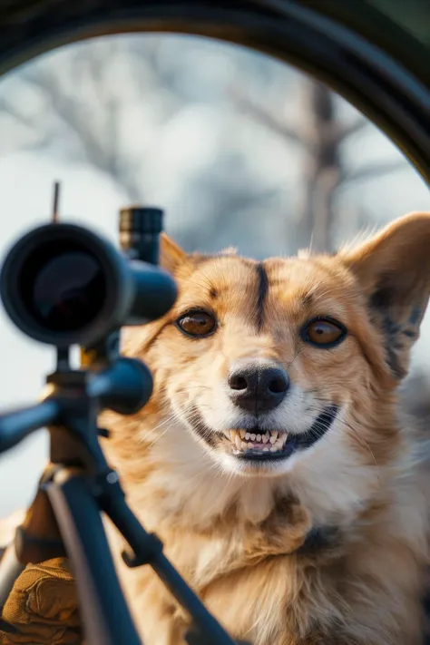 arafed dog looking through a scope with a rifle in its mouth