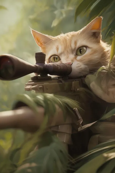 there is a cat that is sitting on a rifle in the jungle