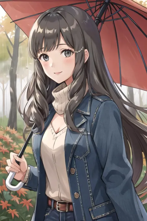 <lora:sumia-nvwls-v1:0.8>, sumia, 1girl, solo, looking at viewer, smile, overcoat, forest background, autumn, jeans, umbrella, h...