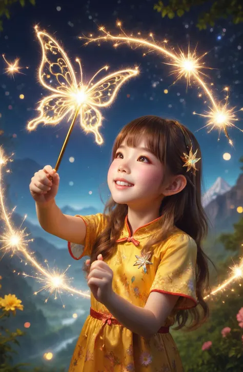 amazing quality, masterpiece, best quality, hyper detailed, ultra detailed, UHD, DOF, depth of field, HDR, perfect anatomy
solo, cute, kawaii, brown hair, joyfully plays with fairy wand, waving it in the air, ( blond hair:1.2), wearing  (yellow:1.2) cheong...