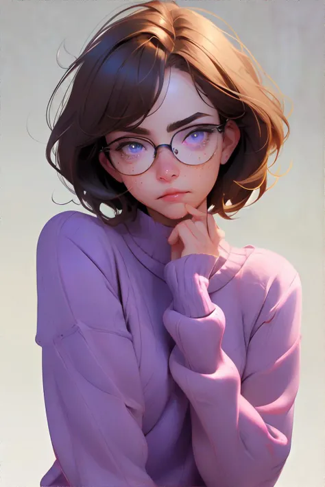 <lora:tiredexpression:1.00>, Tired_Expression, <lora:bzl:0.8>, bzl_test, short brown hair, (blue|grey) eyes, glasses, (freckles:0.4), purple sweater, simple background || masterpiece, 8k, high resolution, shallow depth of field, sharp focus