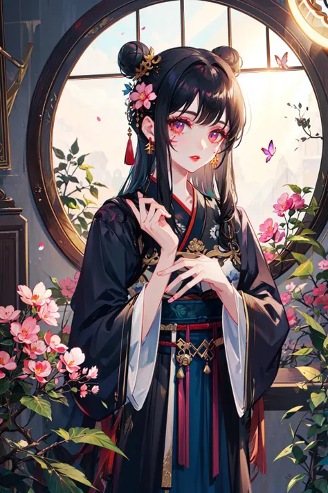 masterpiece, best quality, BREAK, extremely detailed, detailed background, detailed face, hanfu, chinese clothes, hair ornament, flower, long hair, solo, hair flower, window, lattice, from outside, long sleeves, black hair, hair bun, wide sleeves, petals, ...