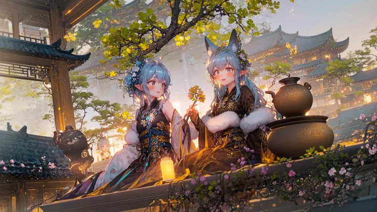 masterpiece, best quality, extremely detailed, detailed background, detailed face, 2girls, [light blue hair|blue hair|white hair], [white eyes|blue eyes], pointy ears, blush, [straight hair|wavy hair], (messy hair, fluffy hair, long hair:1.1), scenery, atm...