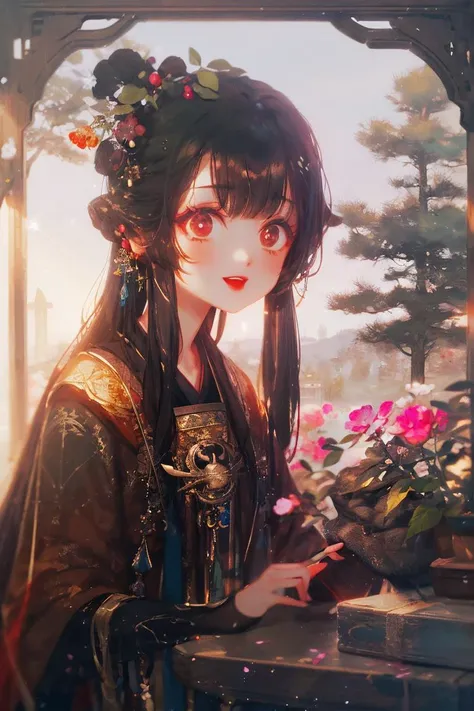 masterpiece, best quality, upper body, close-up, trees, flowers, ight rays, light particles, sparkle, glowing,
1girl, child, gradient hair, red eyes, hanfu, long hair, red lips, :D
 <lora:shanzhagaoSomeSortOf_v1Epoch10:1>