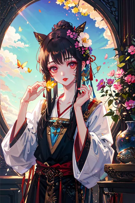 masterpiece, best quality, BREAK, extremely detailed, detailed background, detailed face, hanfu, chinese clothes, hair ornament, flower, long hair, solo, hair flower, window, lattice, from outside, long sleeves, black hair, hair bun, wide sleeves, petals, ...