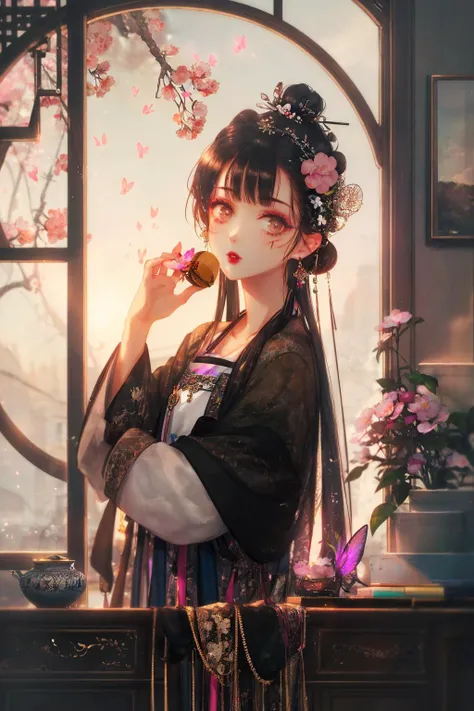 masterpiece, best quality BREAK extremely detailed, detailed background, detailed face, hanfu, chinese clothes, hair ornament, flower, long hair, solo, hair flower, window, lattice, from outside, long sleeves, black hair, hair bun, wide sleeves, petals, je...