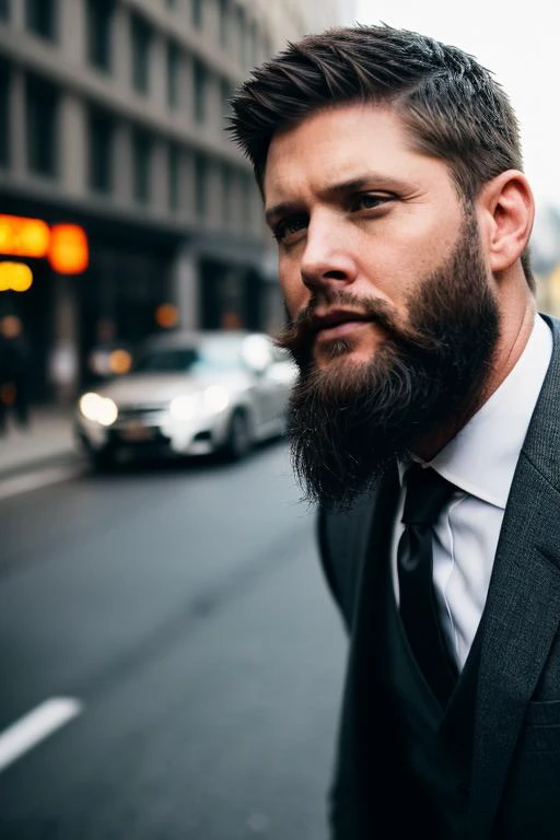 sks person, man, business suit, standing at a street corner, cars driving by, shallow depth of field, bokeh, portrait, highly detailed, realistic, cinematic, beard, hard shadows, dramatic light, deep black color,
<lora:locon_jensenackles_v1_from_v1_64_32:1...