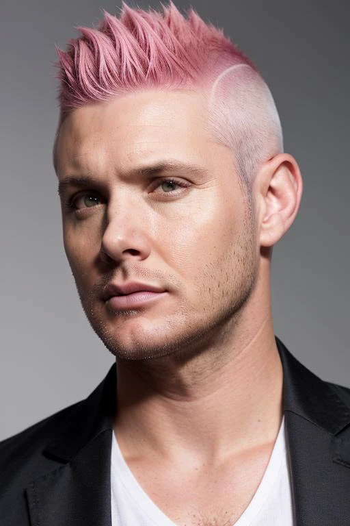 sks person, man, professional studio portrait, male portrait, face, highly detailed, stubble, serious look, realistic, gradient background, pink hair, mohawk, white shirt, open shirt, shaved head
<lora:locon_jensenackles_v1_from_v1_64_32:1>