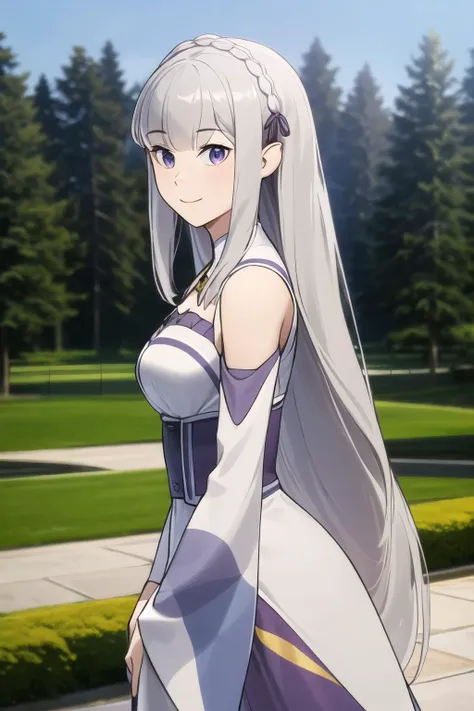 anime girl with long white hair and long white hair in a purple dress