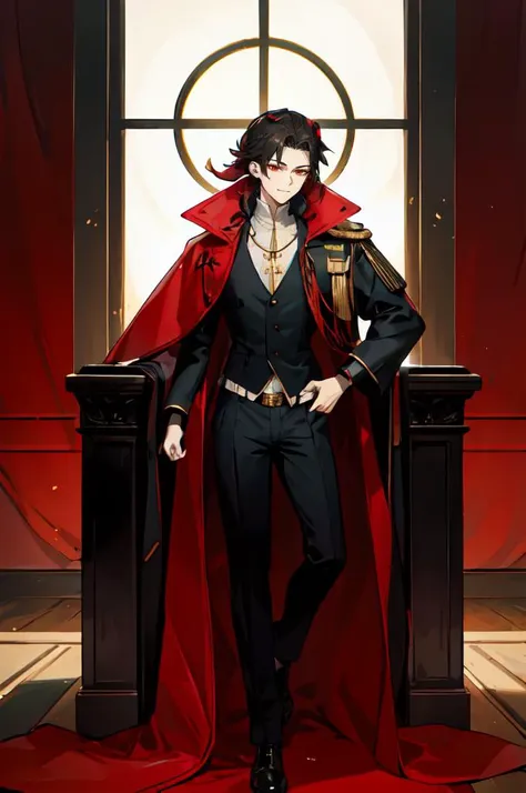 <lora:Cotta_Style:0.85>, ultra detailed, masterpiece, best quality, solo, smug smile, sitting, arm rest, head on hand, throne room, red banner, black and red theme, 1boy, red eyes, <lora:Tsurime3:1>, (tsurime:1.2), black hair, undercut, top knot, parted ba...