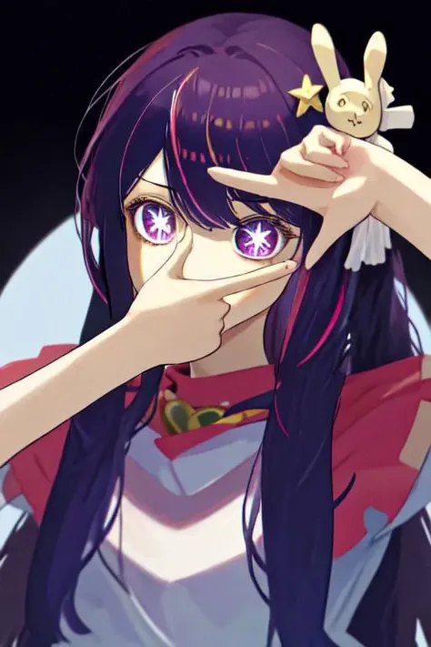 anime girl with purple eyes holding up her hand to her face