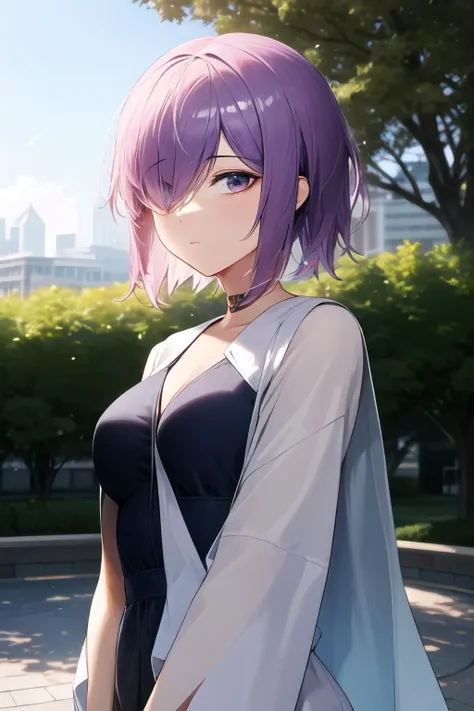 anime girl with purple hair and a black dress standing in a park