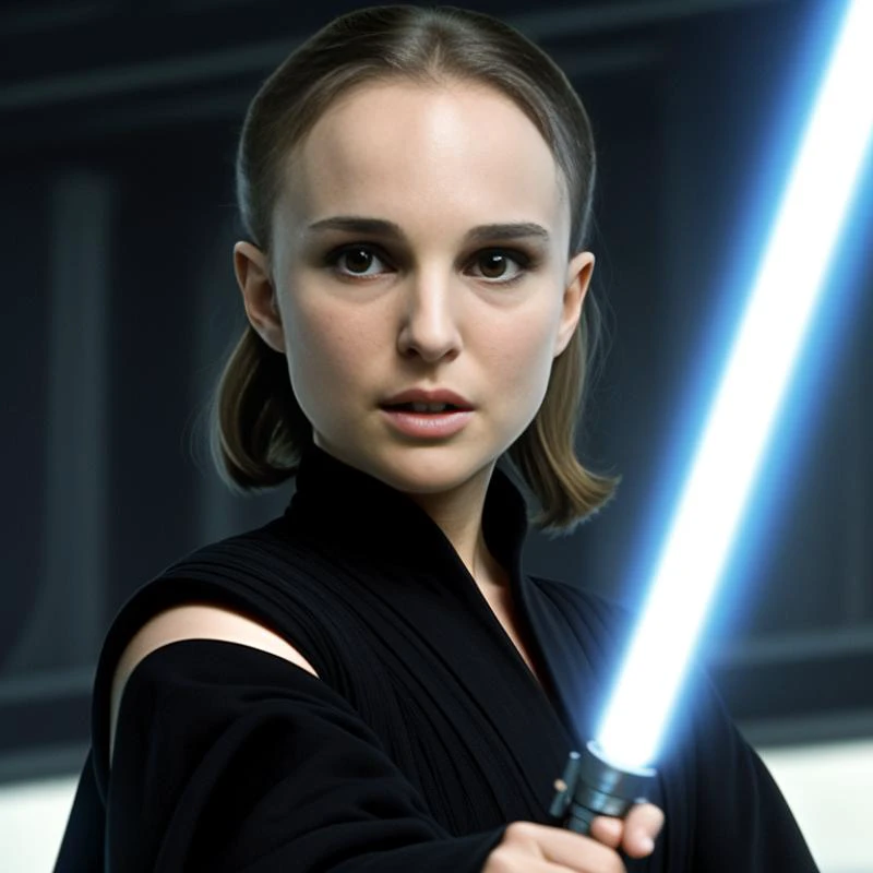 natyport as Jedi master fighting against Darth Vader