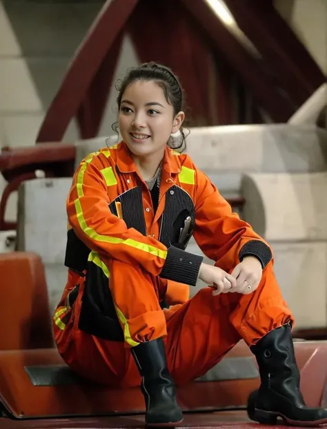 (1woman:1.3),happy young woman in in orange bsgdckcrw uniform working on a machine <lora:viperpilotsuitv08:1>,(black curly hair:1.3),spaceship hangar,RAW photo, 8k uhd, dslr, soft lighting, high quality, film grain, higly detailed face,Fujifilm XT3