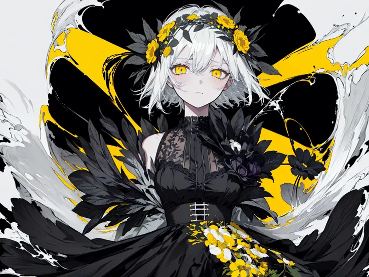 (best quality, masterpiece), (1girl, solo, black suit, standing , looking at viewer, white hair, yellow eyes, closed mouth, upper body), (giant black bouquet background, floral_background) <lora:qwertfsa-14:0.7>