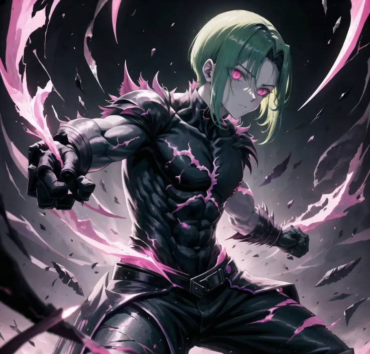 best quality, digital art, shadowy, darkness, anime, poster art, (action, fighting stance,  cowboy shot:1.3), powerful character, pink glowing cracks, cracked skin, shattered skin, fractured skin, fusion of a Greek creature known as ((((Agathodaemon)))) an...