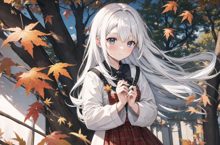 girl,white hair,tree,maple,