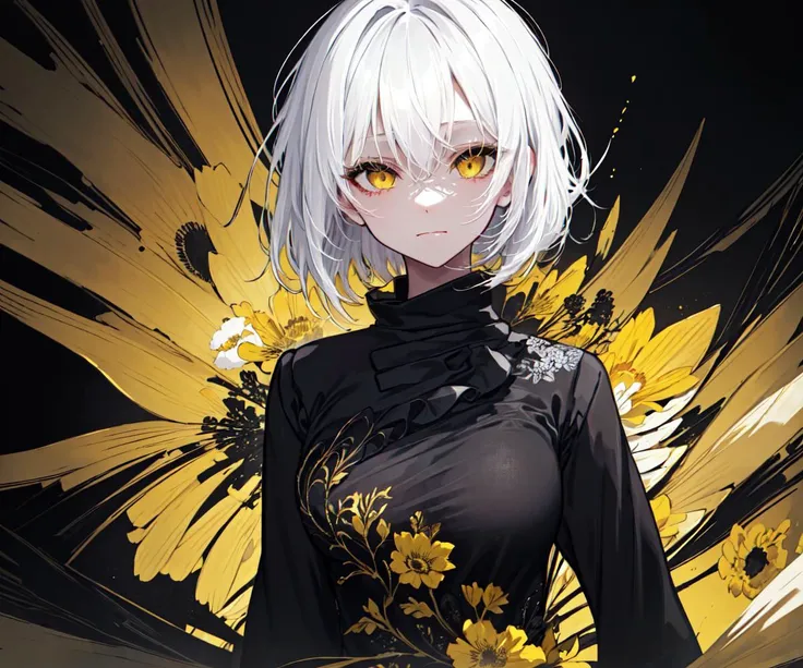 (best quality, masterpiece), (1girl, solo, black suit, standing , looking at viewer, white hair, yellow eyes, closed mouth, upper body), (giant black bouquet background, floral_background)