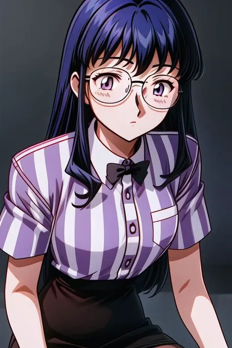 vg_kaori, brown eyes, blue hair, long hair, bangs, glasses, black bowtie, white gloves, striped shirt, short sleeves, collared shirt, pencil skirt, black skirt, brown pantyhose,
(naughty face,:1.4),drunken eyes,,gleaming skin,(skindantation:1.3),
(best qua...