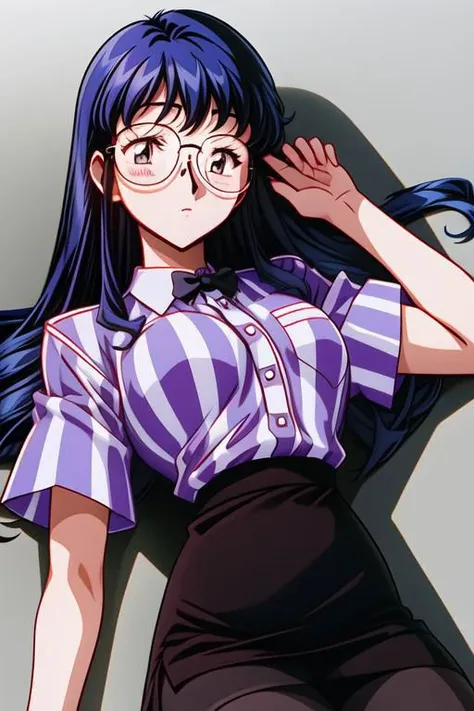 vg_kaori, brown eyes, blue hair, long hair, bangs, glasses, black bowtie, white gloves, striped shirt, short sleeves, collared shirt, pencil skirt, black skirt, brown pantyhose,
(naughty face,:1.4),drunken eyes,,gleaming skin,(skindantation:1.3),
(best qua...