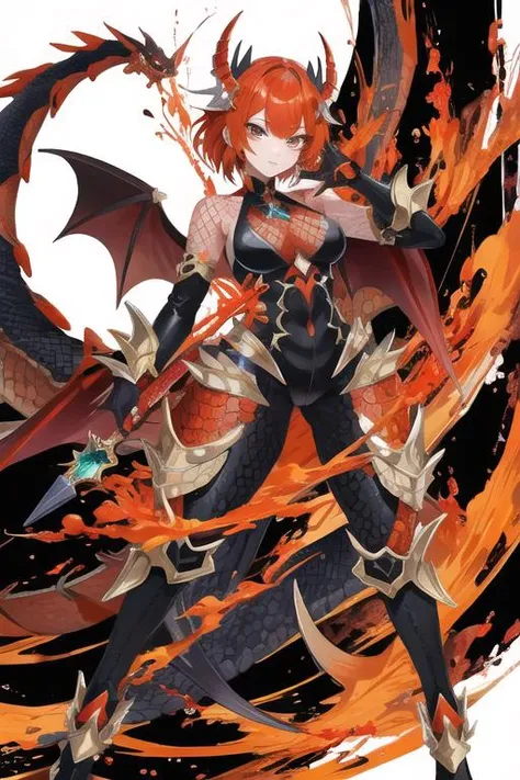 female dragon hybrid human,
monster head,
black eyes and orange,
skin covered with scales red,
she has a supernatural power, her body emanates poison with a vapor coming out,looking at viewer sideways,
(full body:0.8),