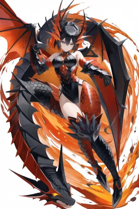 female dragon hybrid human,
monster head,
black eyes and orange,
skin covered with scales red,
she has a supernatural power, her body emanates poison with a vapor coming out,looking at viewer sideways,
(full body:0.8),