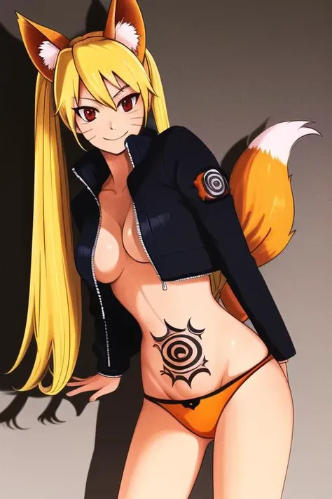 (best quality), (ultra-detailed), (best illustration), (best shadow), masterpiece, high res, best quality, 1girl, solo,  naruko (naruto), facial marks, red eyes, kyuubi, fox ears, fox tail, long tails, long hair, mischievous, stomach tattoo, open jacket, o...