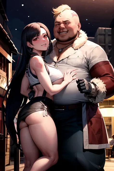 digital artwork, illustrative, painterly, matte painting, highly detailed, FFCorneo, (fat man:1.2), 1boy, tattoo, grin, bar, night, red fur coat, hands in pocket, white shirt, 1girl, damsel in distress, tifa lockhart, girl standing next to boy, boy groping...