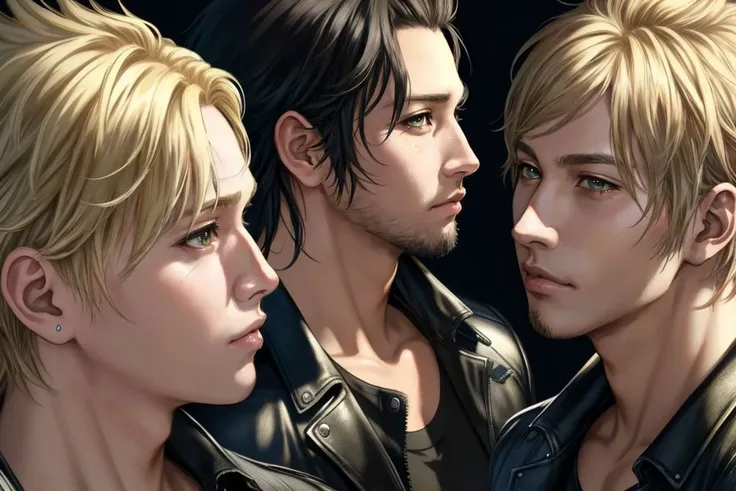 three anime guys with blonde hair and black leather jackets