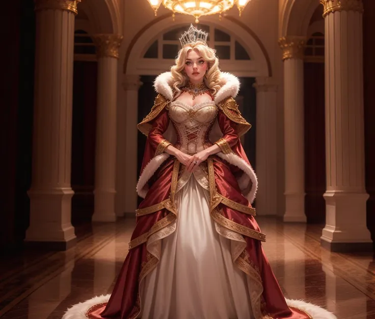 a woman in a red and white dress standing in a hall