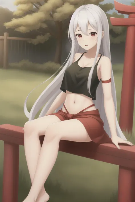 1girl, white hair, long hair, red eyes, chiya, tank top, red skirt, black top, red bottom, ribbon on arm, red ribbon, stomach, navel, bare legs, barefoot, full body, armpits, japan gates, torii gates, (forest background), high detailed background, grass, s...