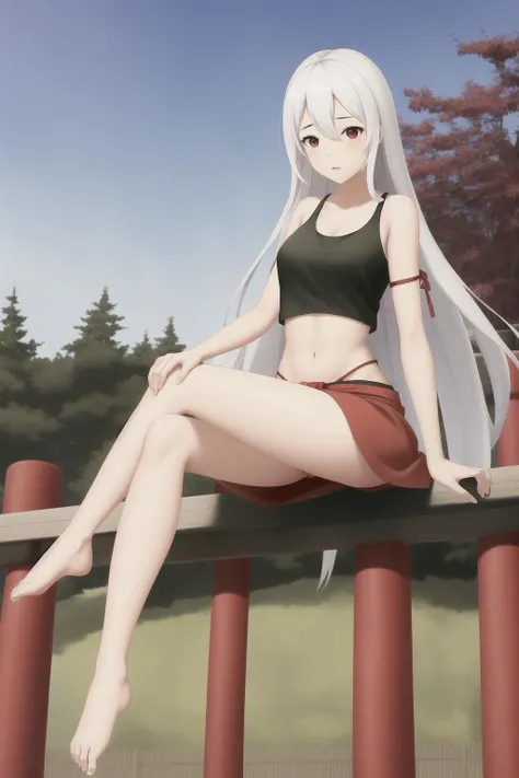 1girl, white hair, long hair, red eyes, chiya, tank top, red skirt, black top, red bottom, ribbon on arm, red ribbon, stomach, navel, bare legs, barefoot, full body, armpits, japan gates, torii gates, (forest background), high detailed background, grass, s...