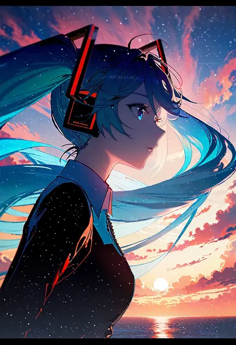 by rella, <lora:Rella:0.2>,
break
hatsune_miku, solo, detailed face, detailed hair, bonnie, Blissful, indestructible,
break
 (close up), looking away,
break
clear blue sky, cloud, cloudy sky, sunset, city, building, star, starry sky, space, nebula, aurora,...