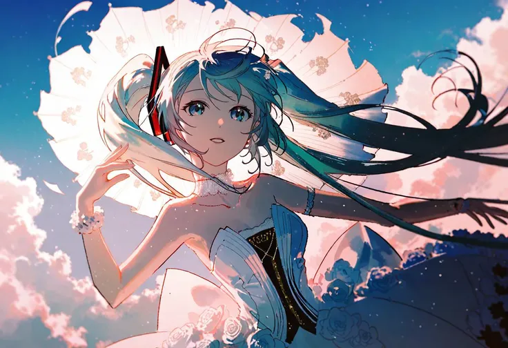 by rella, by George Luks, <lora:Rella:0.4>, 
break
watercolor,
break
hatsune_miku, solo, parted lips, detailed face, detailed eyes, detailed hair, wind effect, 
break
dynamic angle,
break
strapless, bare shoulders, collarbone, Embroidered wedding dress, in...