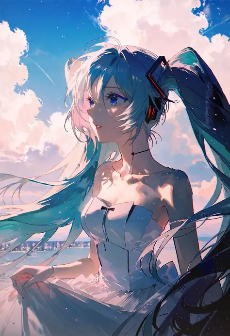 by rella, by Kitty Lange Kielland, <lora:Rella:0.6>, 
break
watercolor,
break
hatsune_miku, solo, parted lips, detailed face, detailed hair, wind effect, 
break
strapless, bare shoulders, collarbone, Tea-length wedding dress,
break
clear blue sky, cloud, c...