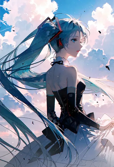 by rella, by Yoji Shinkawa, <lora:Rella:0.5>, 
break
watercolor,
break
hatsune_miku, solo, parted lips, detailed face, detailed hair, wind effect, 
break
strapless, bare shoulders, collarbone, Fit and flare wedding dress,
break
clear blue sky, cloud, cloud...