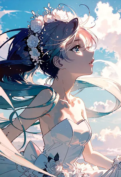 by rella, by Edward Julius Detmold, <lora:Rella:0.5>, 
break
watercolor,
break
hatsune_miku, solo, parted lips, detailed face, detailed eyes, detailed hair, wind effect, 
break
dynamic angle,
break
strapless, bare shoulders, collarbone, Vintage wedding dre...