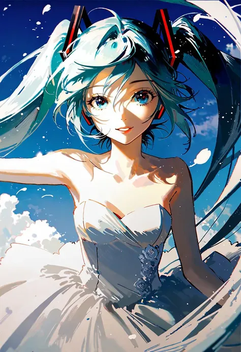 by rella, by dsmile9, <lora:Rella:0.2>, 
break
watercolor,
break
hatsune_miku, solo, parted lips, detailed face, detailed eyes, detailed hair, wind effect, 
break
from side,
break
strapless, bare shoulders, collarbone, Empire waist wedding dress, inspired ...