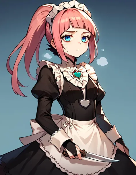 score_9, score_8_up, score_7_up, score_6_up, 1girl, solo, profile, serious, brandishing knife, <lora:felicia-fe-richy-v1_xl:1>, feliciadef, pink hair, ponytail, blue eyes, maid headdress, brooch, maid apron, black thighhighs, bridal gauntlets, looking at v...