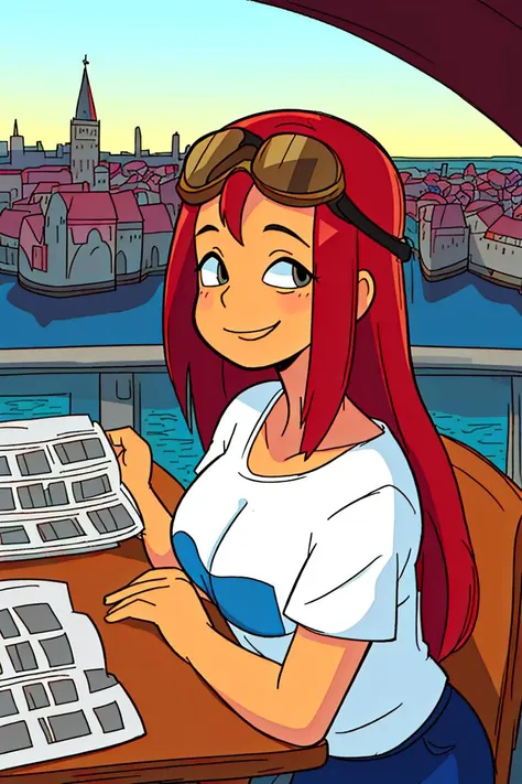 cartoon girl reading a newspaper on a balcony overlooking a city