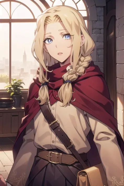 lisatepes, <lora:lisatepes-lora-nochekaiser:1>,
lisa tepes, long hair, blue eyes, blonde hair, hair over shoulder, 
BREAK braid, belt, bag, cape, single braid, long sleeves, skirt,
BREAK looking at viewer,
BREAK indoors,
BREAK <lyco:GoodHands-beta2:1>, (ma...