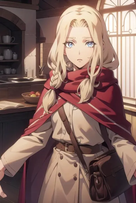 lisatepes, <lora:lisatepes-lora-nochekaiser:1>,
lisa tepes, long hair, blue eyes, blonde hair, hair over shoulder, 
BREAK braid, belt, bag, cape, single braid, long sleeves, skirt,
BREAK looking at viewer,
BREAK indoors,
BREAK <lyco:GoodHands-beta2:1>, (ma...