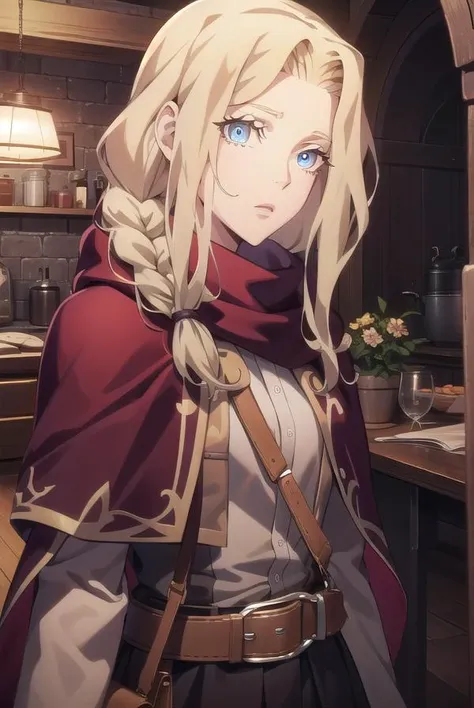 lisatepes, <lora:lisatepes-lora-nochekaiser:1>,
lisa tepes, long hair, blue eyes, blonde hair, hair over shoulder, 
BREAK braid, belt, bag, cape, single braid, long sleeves, skirt,
BREAK looking at viewer,
BREAK indoors,
BREAK <lyco:GoodHands-beta2:1>, (ma...